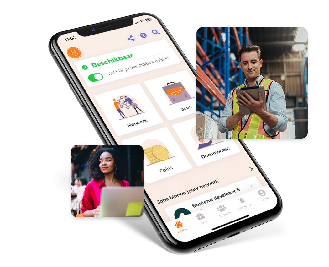 Screenshot van de WorkNed app met werkenden.