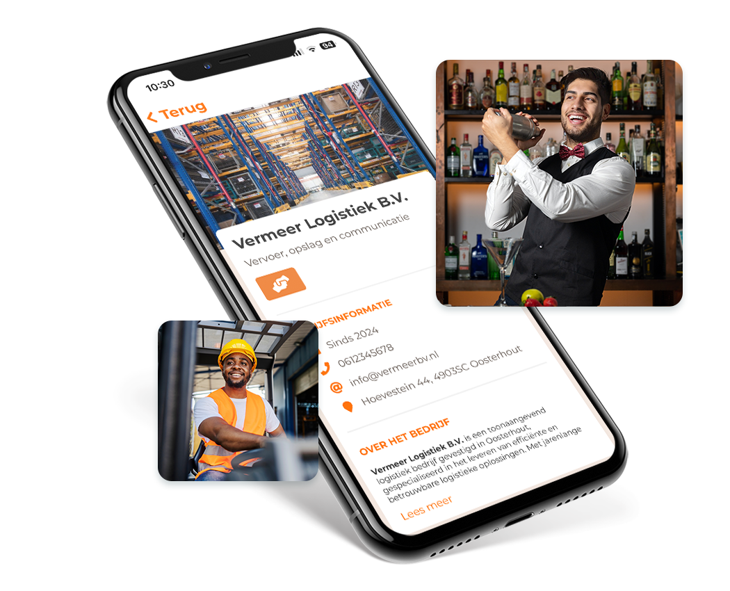 Afbeelding van een smartphone met een bedrijfsprofiel op het scherm, vergezeld door foto's van een bartender en een logistiek medewerker.