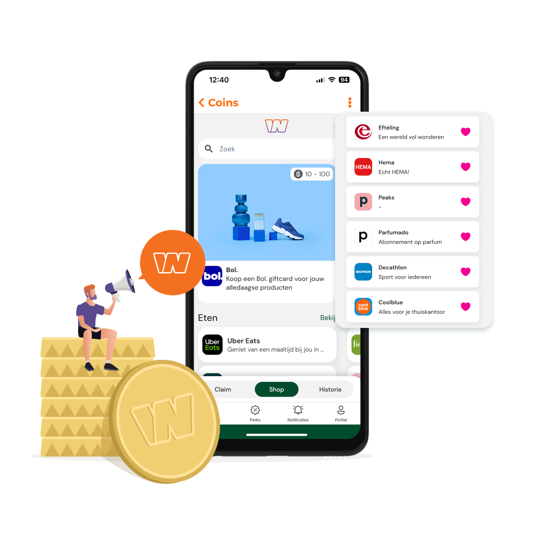 Screenshot van de Workned coins pagina die een cadeaubon van BOL.com laat zien