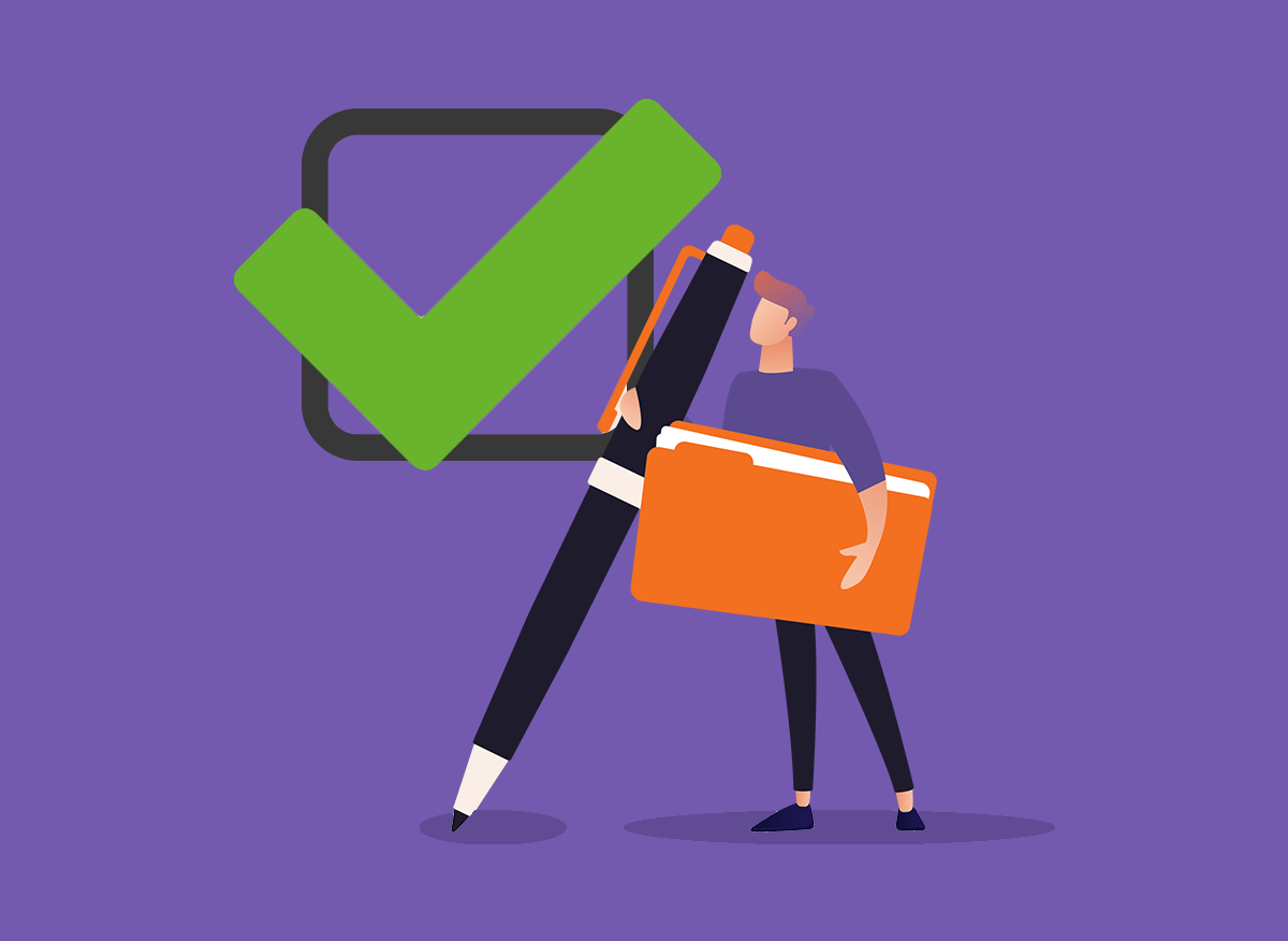 Overstaploket: van zzp naar flexibel werk: Illustratie van een persoon met een map en een grote pen naast een afgevinkt selectievakje.